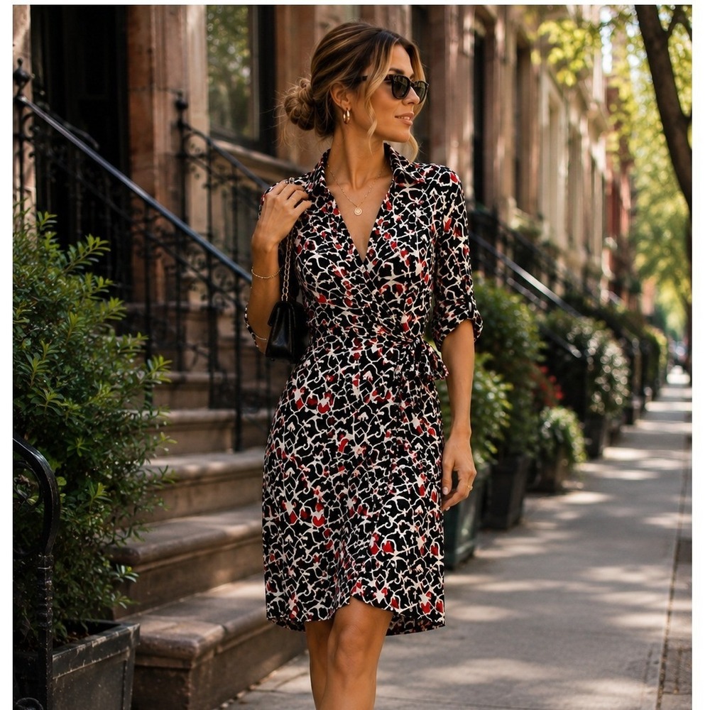 Diane von Furstenberg 100% Silk Wrap Dress Neiman Marcus Heart Print Black Red 2
